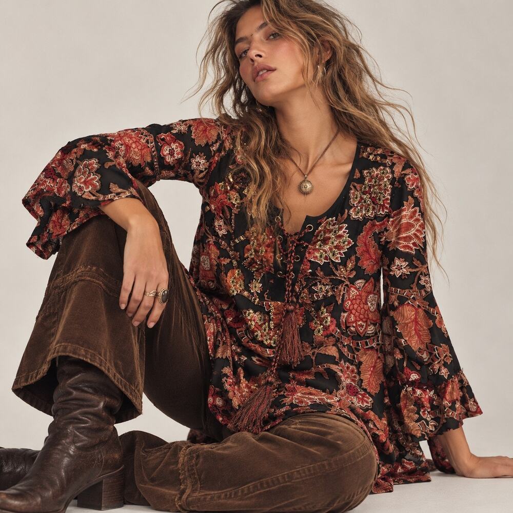 Soft Surroundings Embroidered Velvet Sequined Dark Floral Tunic XS Boho Fall